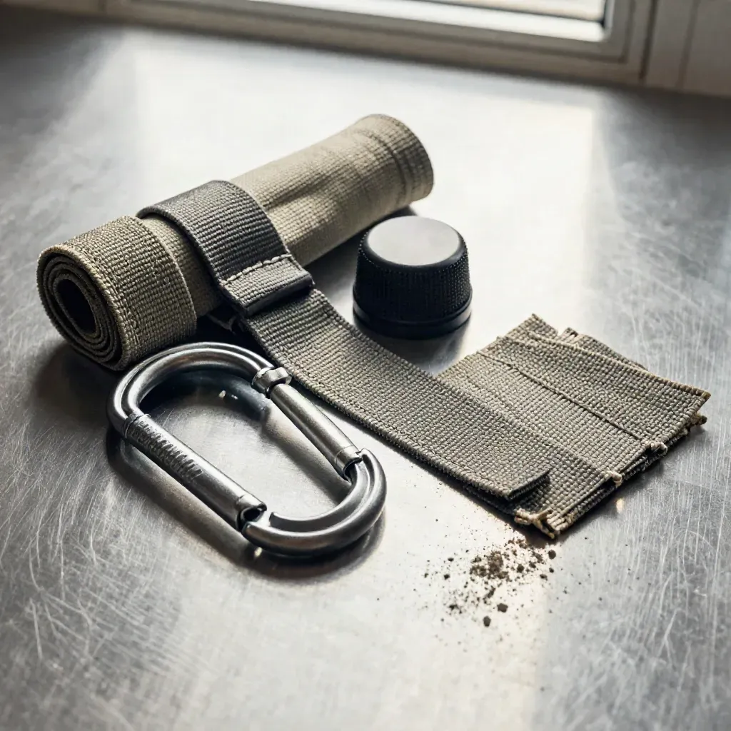 Matte hiking gear arranged on brushed metal with soft daylight and gentle shadows.