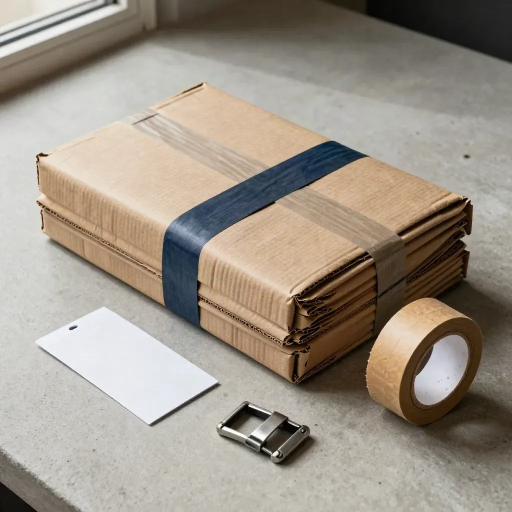 Overhead shipping stack of parcels, tape, strap buckle, and blank tag sleeve on pale concrete.