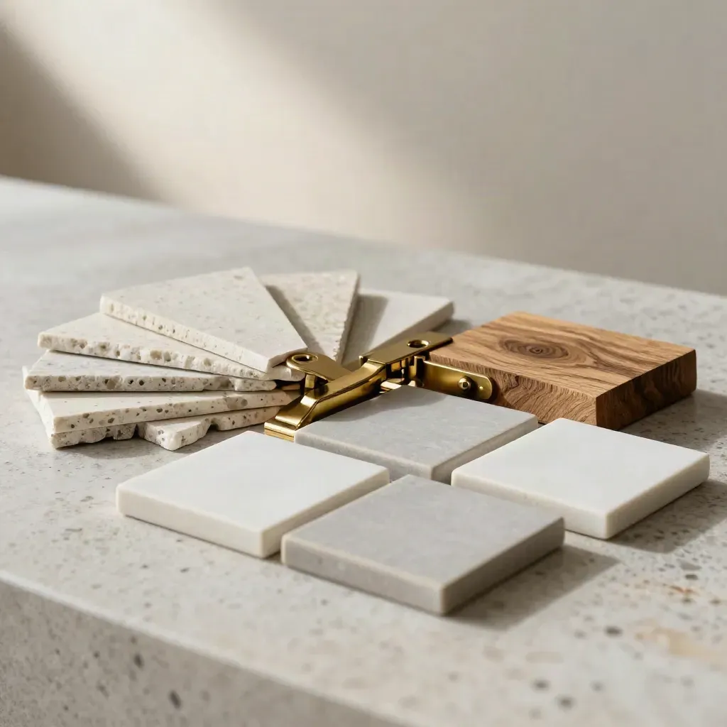 Stone, brass, wood and tile samples arranged as a premium material board.