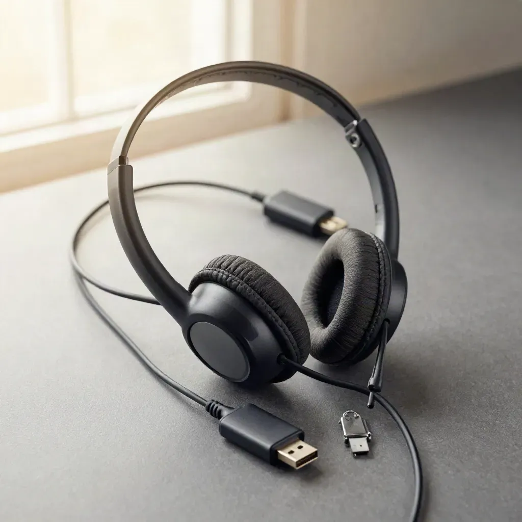 USB office headset, adapter, and cable clips on graphite, side macro