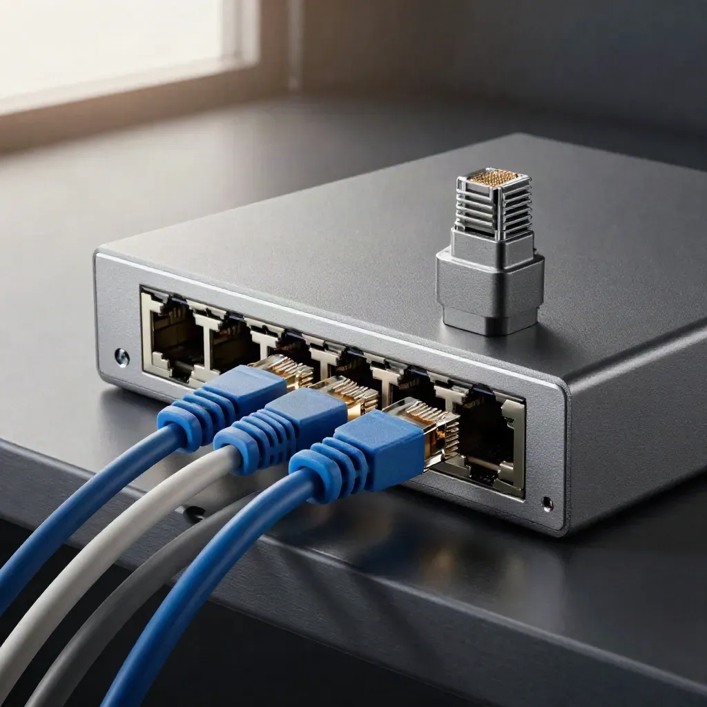 Top-down network switch with cables and adapter on a graphite surface.