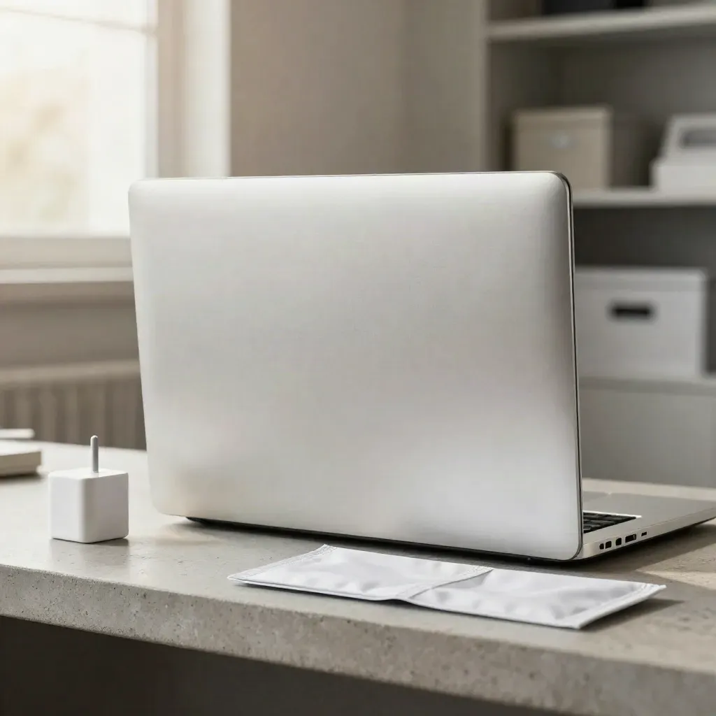 Closed laptop provisioning kit with charger brick and sleeve on pale concrete, lit like premium tech gear.