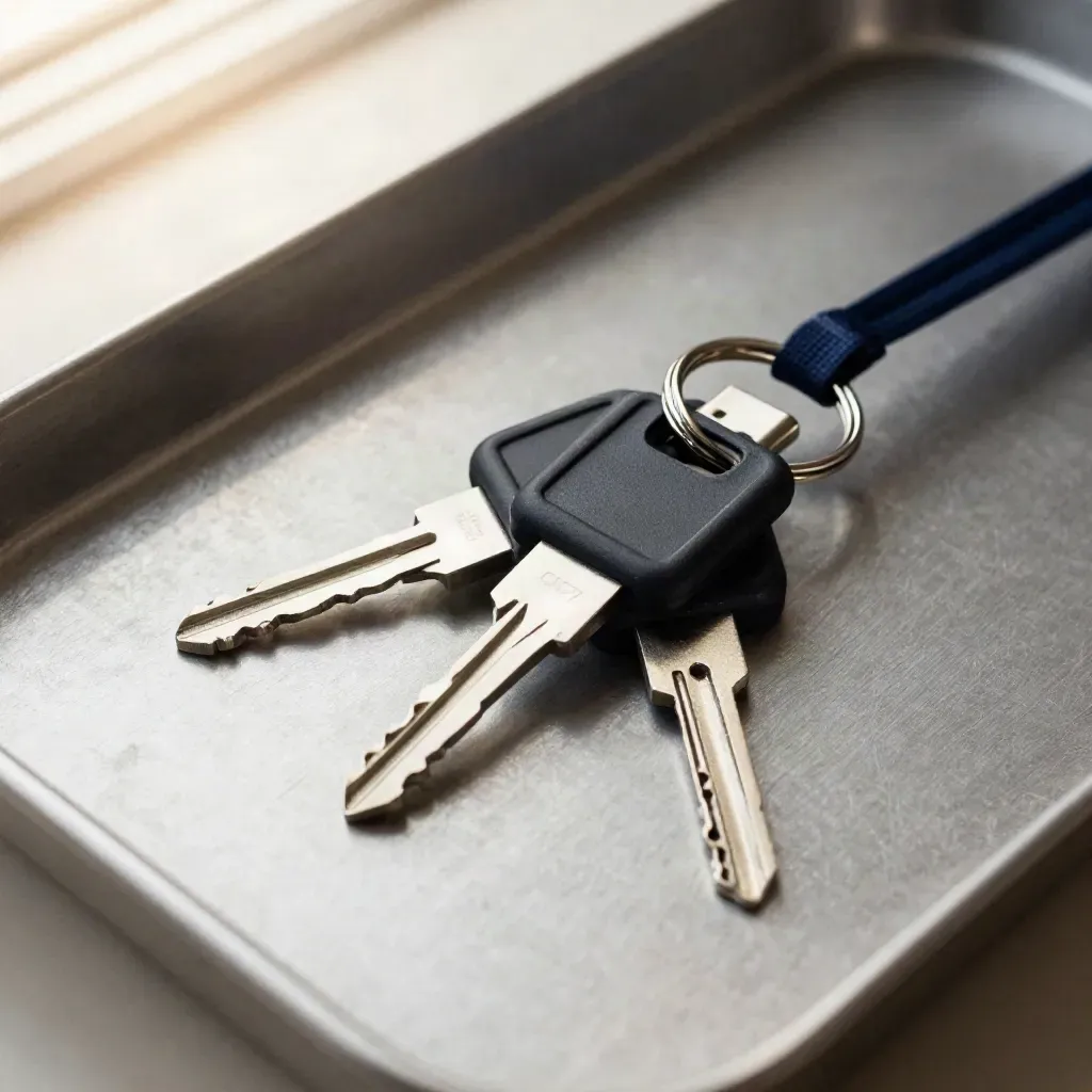 Two hardware security keys, USB-C adapter and key ring on brushed metal, top-down with soft daylight.