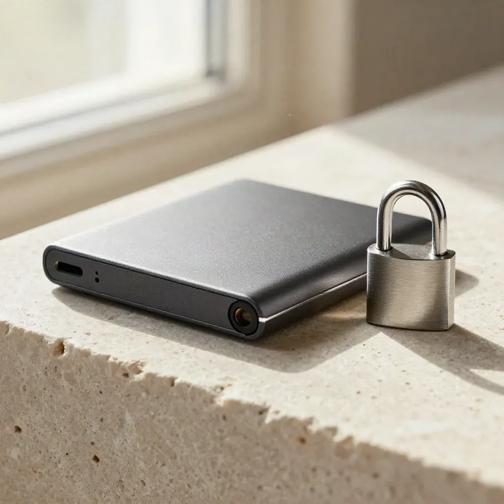 External SSD, MFA key, and padlock on pale stone in a premium macro still life.