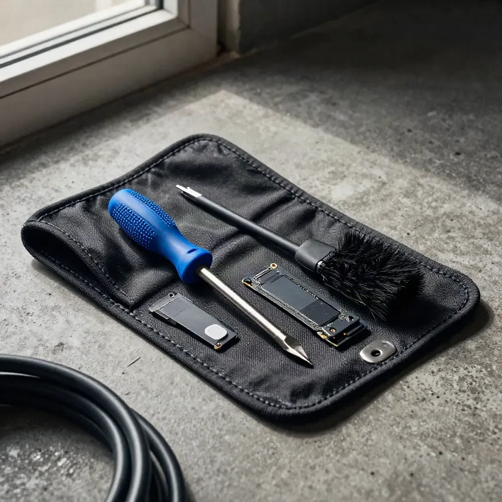 Precision screwdriver, SSD, and antistatic brush in an open service roll on concrete