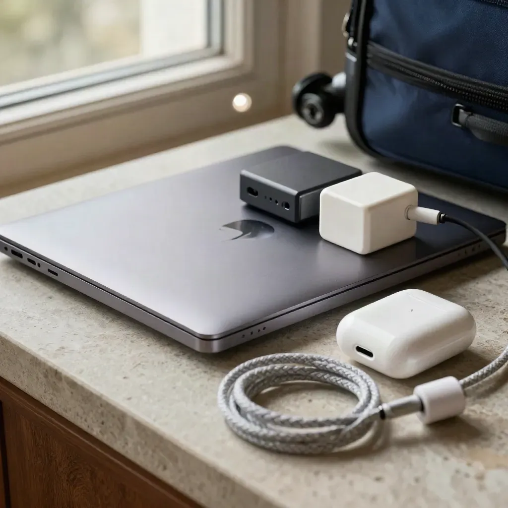 Closed ultrabook travel kit with hotspot, charger brick and earbuds on stone, seen through cable coil.
