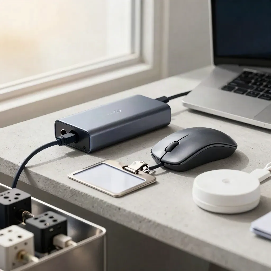 Charging hub, mouse, badge clip and Wi‑Fi puck on a utility shelf, seen through adapters.