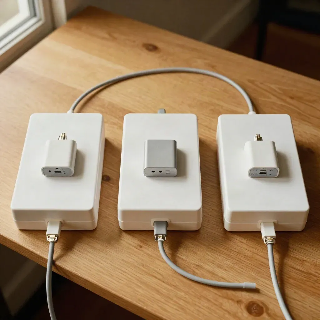 Top-down still life of sealed laptop boxes, charger bricks, and ethernet cables on honey oak