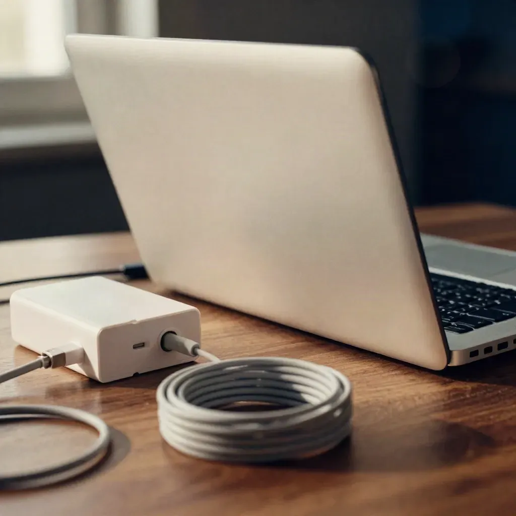 Closed laptop, power brick and cable wraps on walnut with dark bokeh.