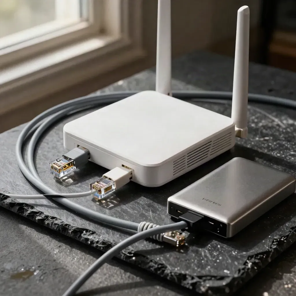 White access point, braided patch leads, and backup drive on black stone, overhead in dramatic light