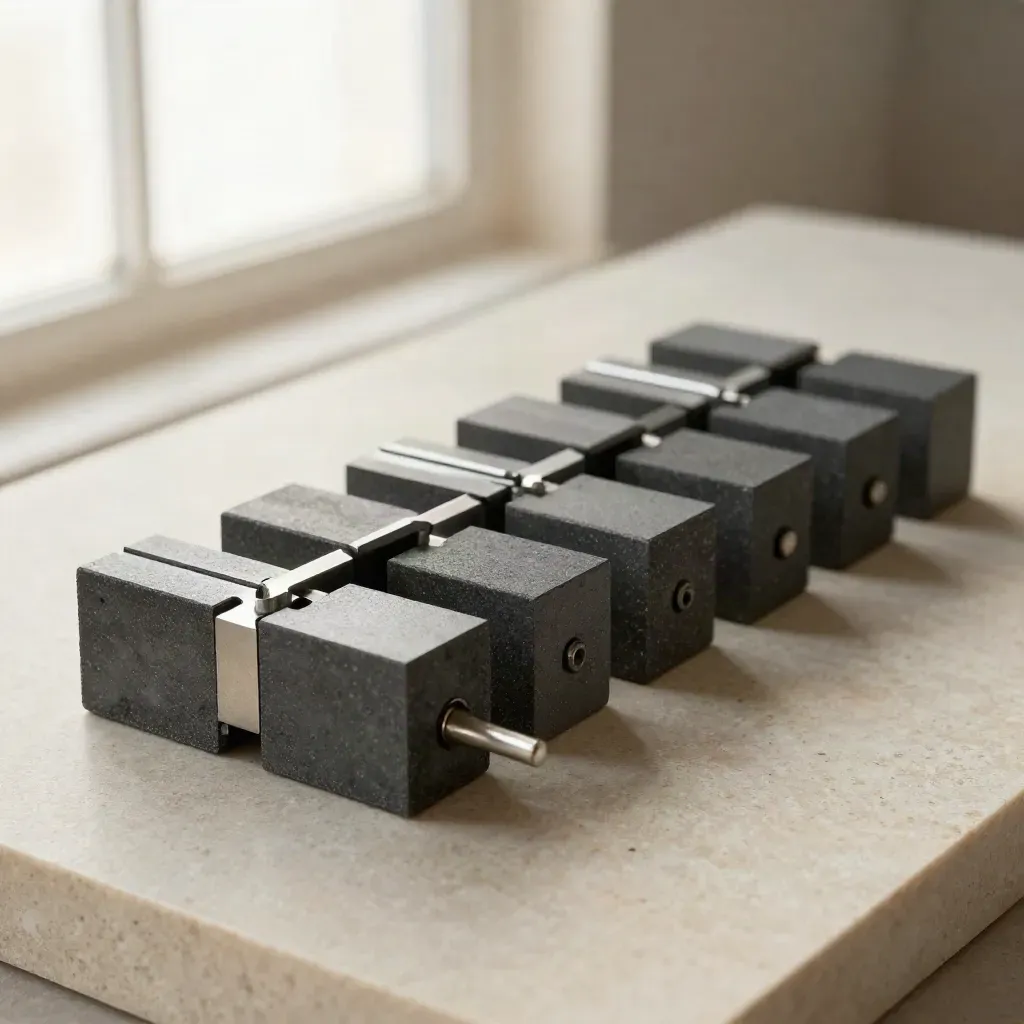 Stepped machined blocks and alignment pegs on a limestone slab in dramatic studio light