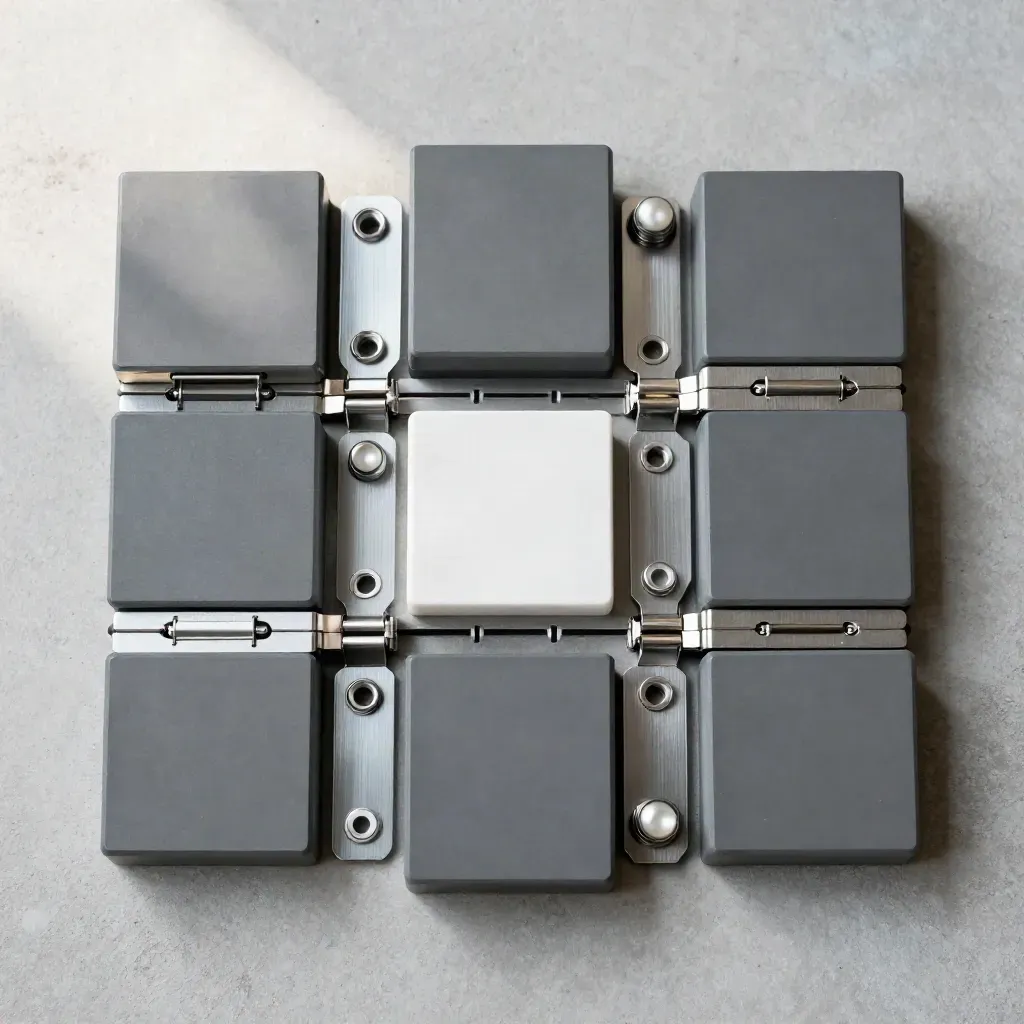 Top-down still life of matte modular tech blocks, hinge plates, and connectors on pale concrete.