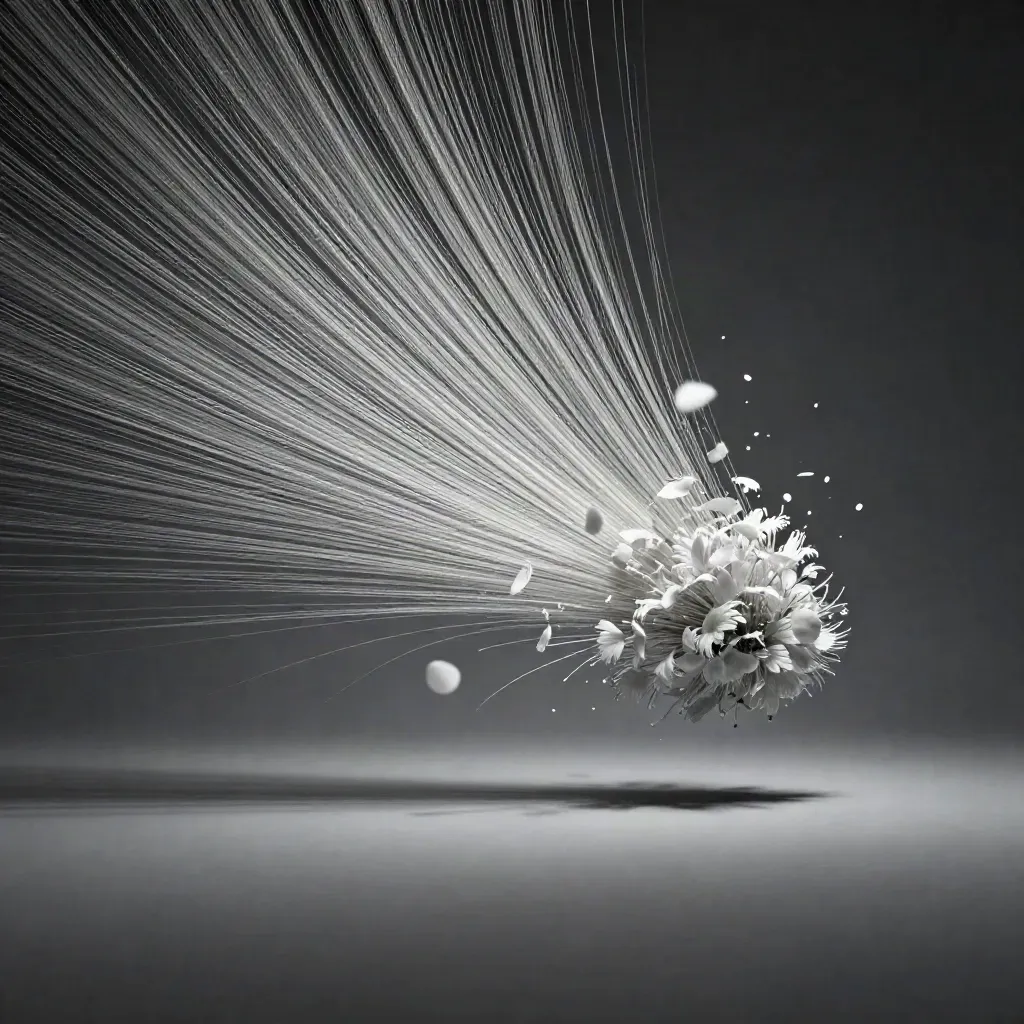 Silver filaments converge into a white bloom in graphite haze, with open space for copy.