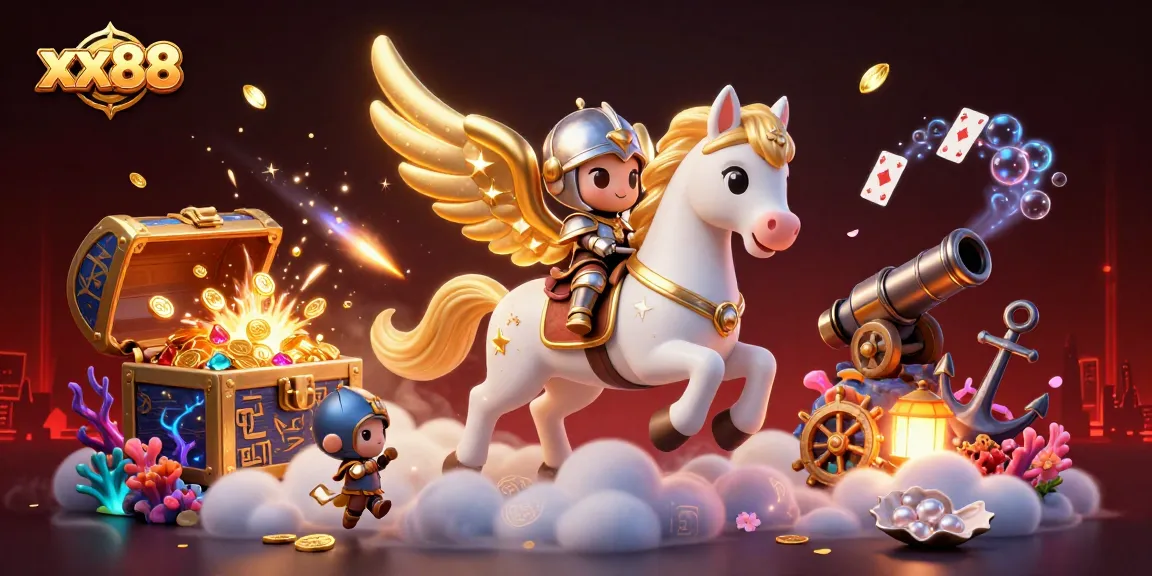 Experience thrilling gameplay at xx88 with a dynamic illustration of a celestial horse and treasure elements.