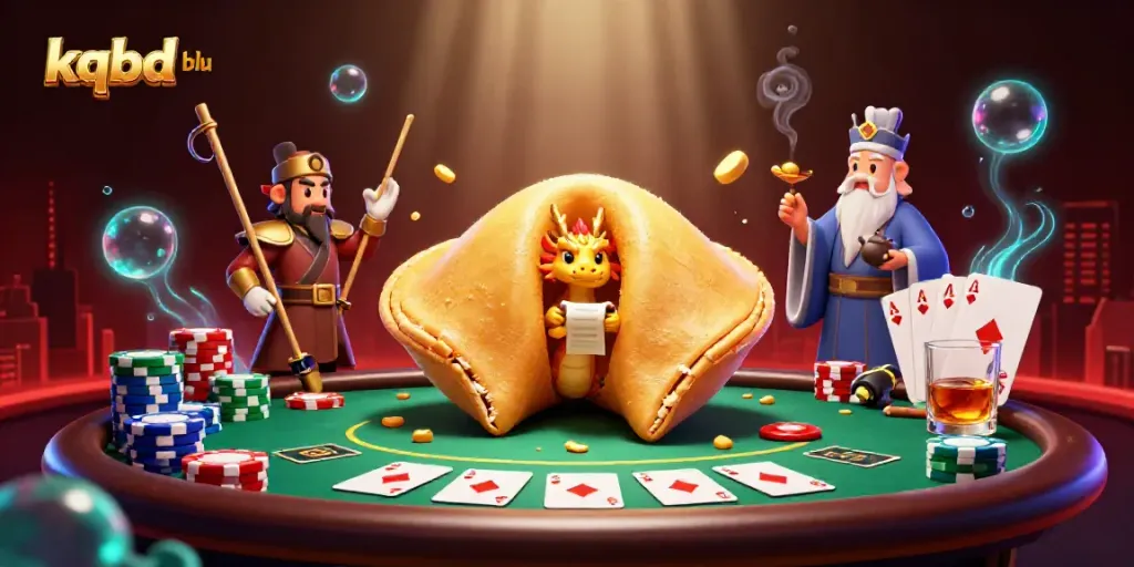 Experience the thrilling kqbd blu scene with a golden cookie and wise dragon amidst poker action.