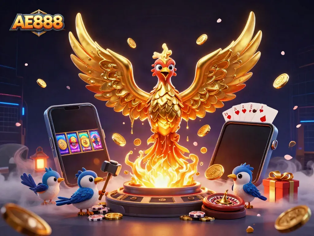 Experience thrilling gameplay with AE888, showcased via a stunning phoenix and casino elements.