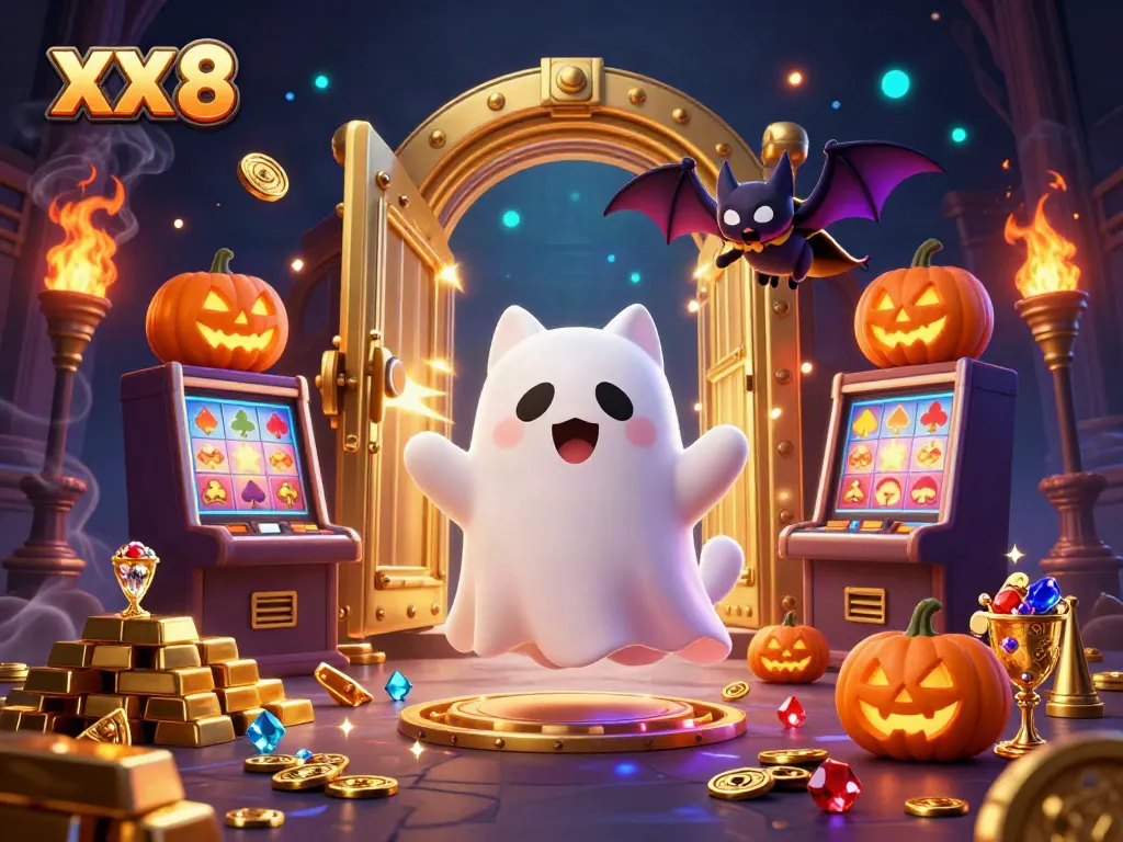 Experience the enchantment of XX 8 in a haunted casino with a ghost cat and glowing treasures.