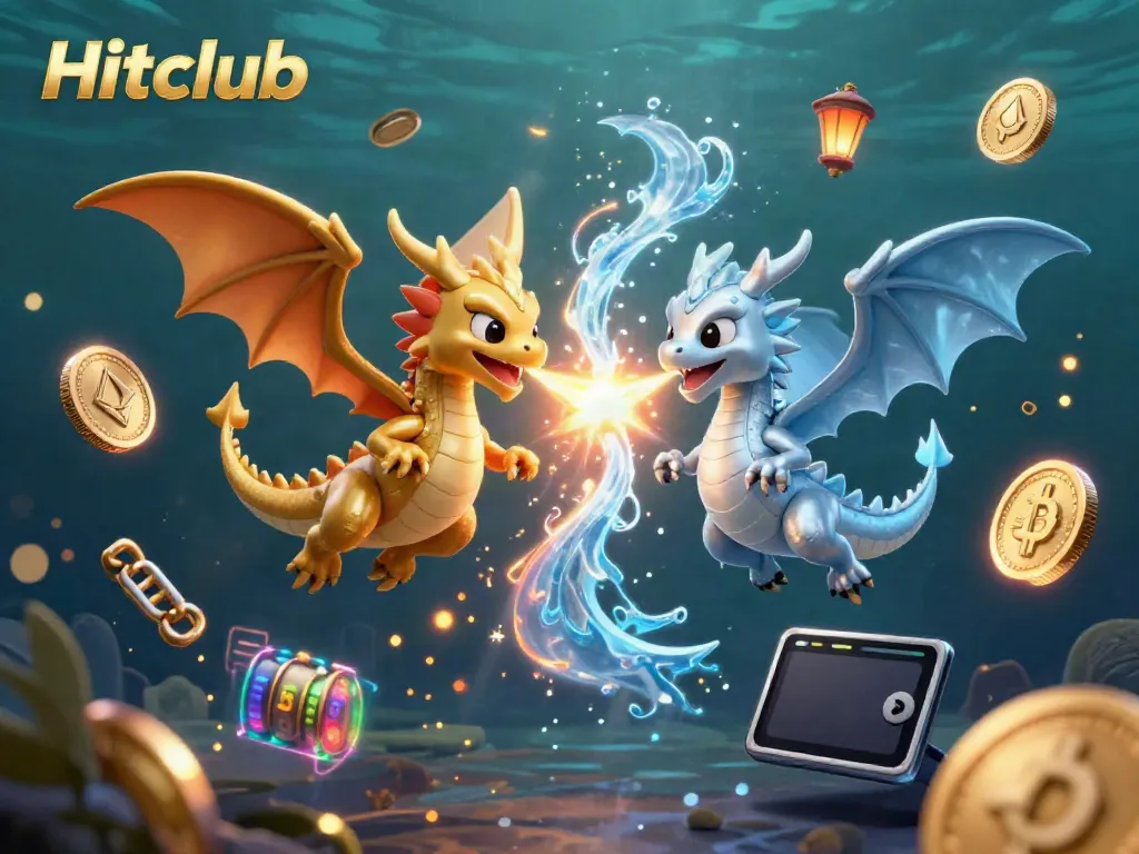 Engage in thrilling gaming at Hitclub with vibrant dragons and crypto coins in a captivating scene.