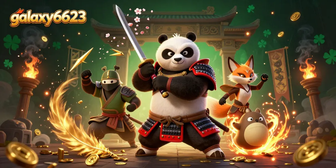 Engage in thrilling action at galaxy6623, featuring a samurai panda and ninja fox in an exciting casino setting.