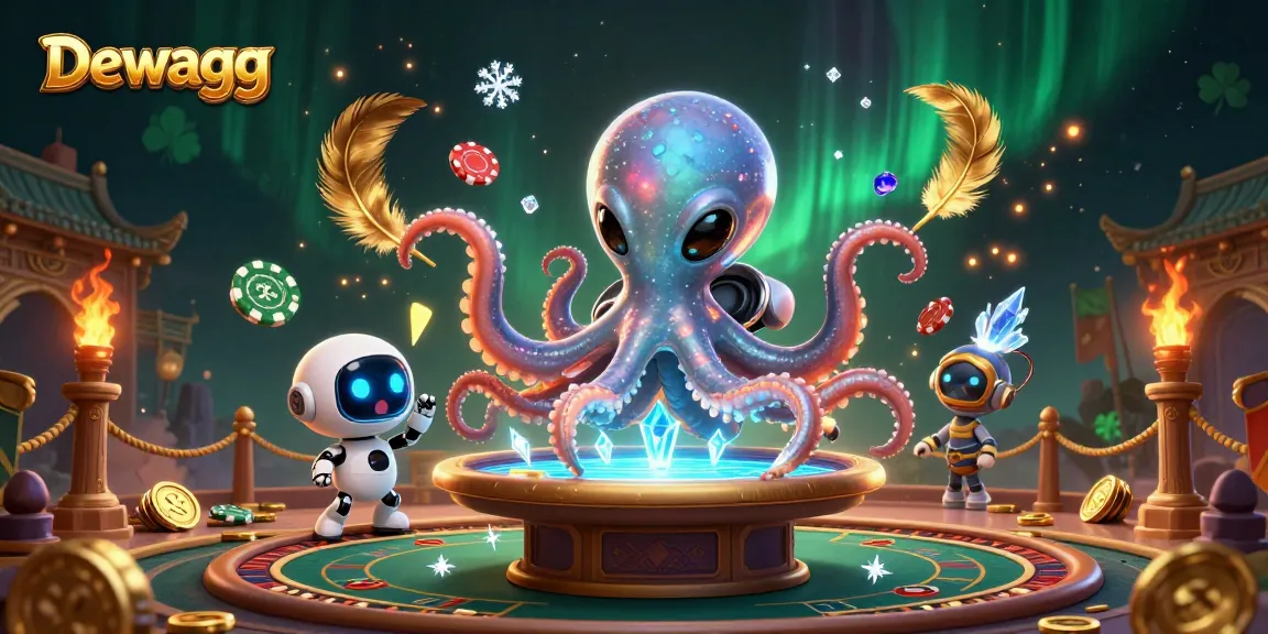 Dewagg showcases an exciting scene with a holographic poker table operated by a cartoon octopus, surrounded by glittering casino elements.