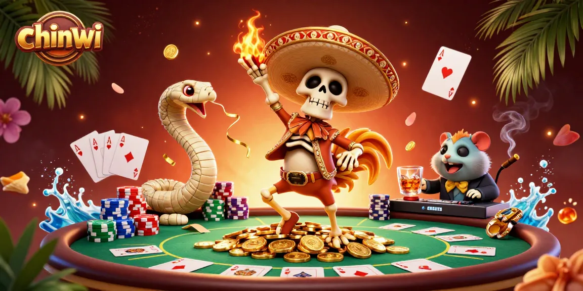 Experience chinwi with a festive 3D scene featuring lively gambling characters and rich casino elements.