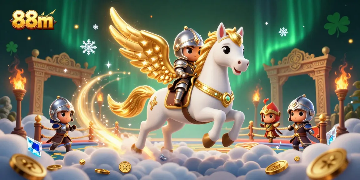 88m captures big wins with a celestial horse and armored knight in a vibrant casino scene.