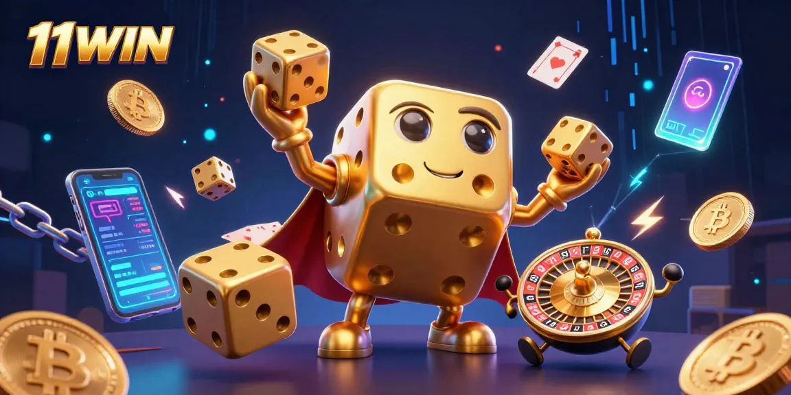 Experience the excitement of 11WIN with a vibrant 3D casino scene featuring golden dice and crypto elements.