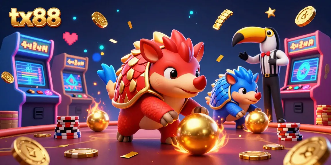 Experience thrilling casino gameplay with tx88 as rival pangolins interact with vibrant arcade elements.