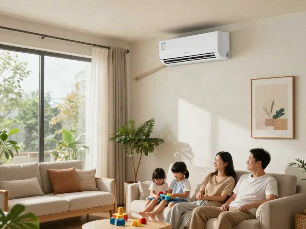 Ductless air conditioner mini providing cooling in a stylish living room filled with family comfort and joy.