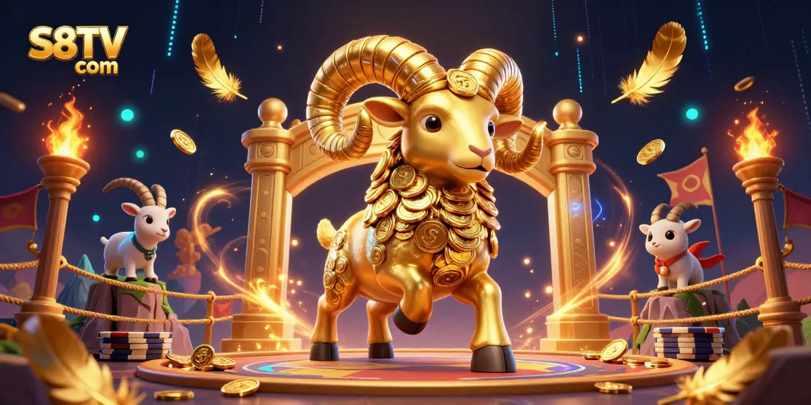 S8TV com showcases a dynamic sports betting scene with a charging ram made of coins surrounded by energetic betting elements.