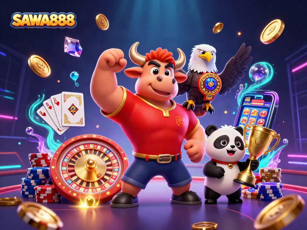 SAWA888 showcases a powerful cartoon bull mascot triumphantly celebrating amidst the thrill of gaming excitement.