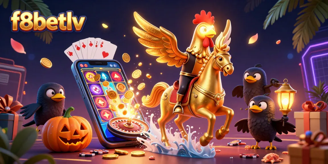 Engage in thrilling slots with f8betlv’s golden rooster mascot amid a vibrant casino scene.