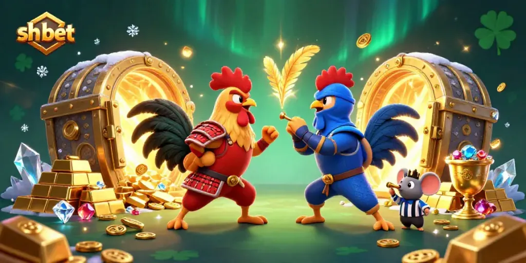 Win big with sh bet: roosters clash amidst golden treasures at a vibrant casino scene.