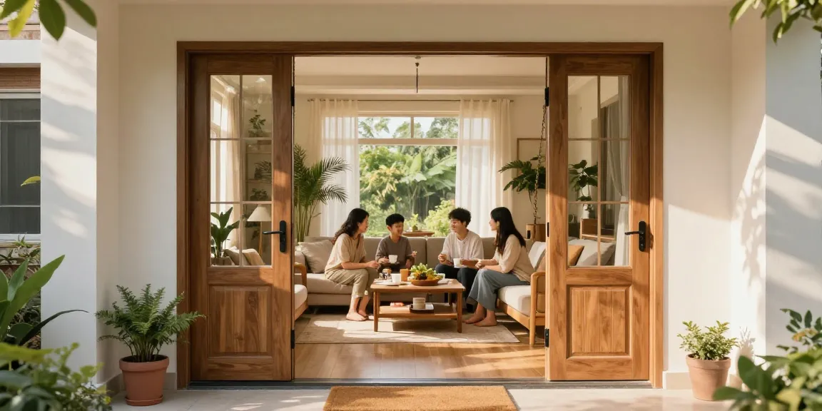 Elegant single leaf double swing door opening to a cozy living room, inviting family warmth and natural light.