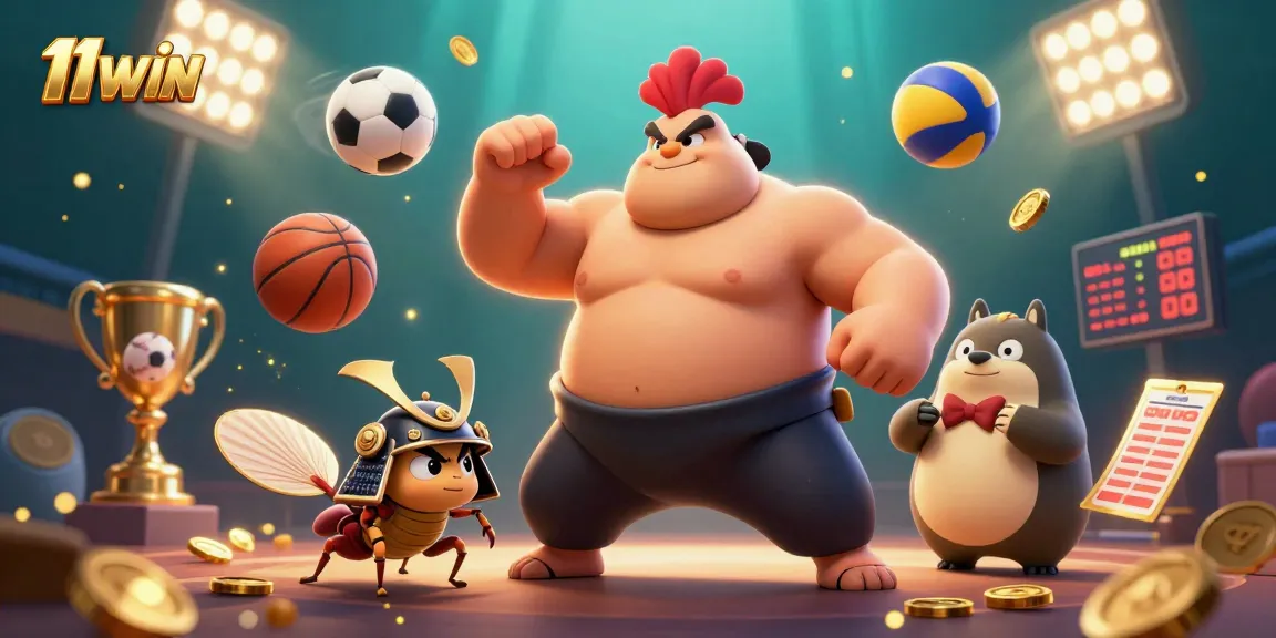 Engage with 11WIN by witnessing a vibrant, animated scene of dynamic sports betting elements and characters.