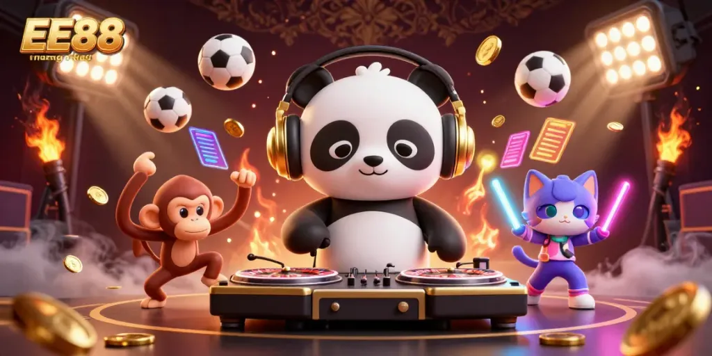 Engage with EE88 trang chủ through an exciting 3D scene featuring vibrant characters in an animated casino environment.