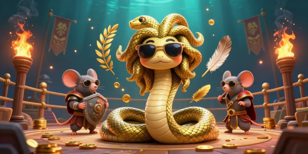 ku88 casino illustration with Medusa and warrior mouse in an action-packed gambling scene.