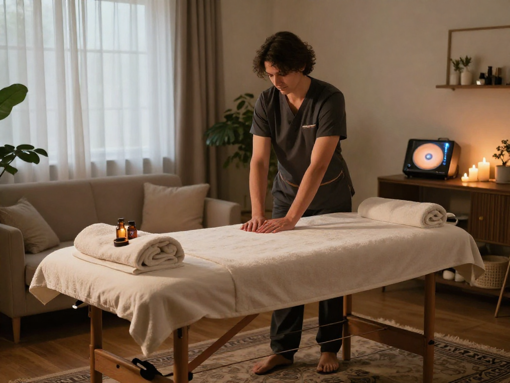 부천출장마사지 service setup with a professional therapist creating a relaxing home spa atmosphere.