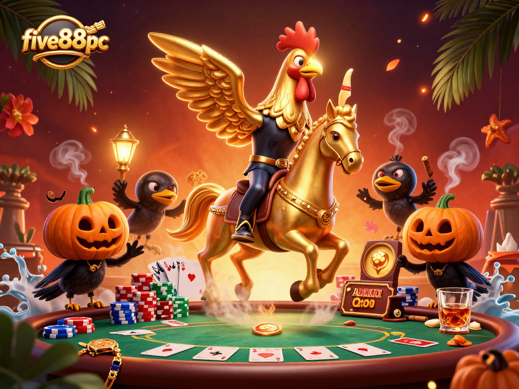 five88pc casino action featuring a golden rooster and crow characters in a vibrant poker scene