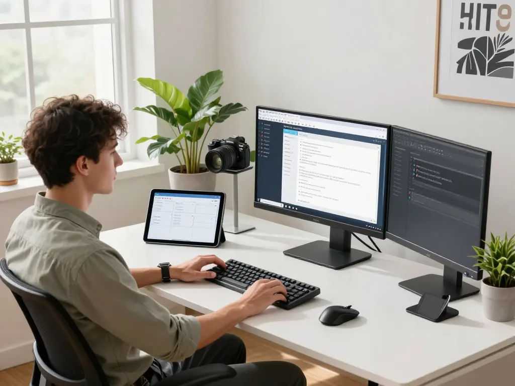 Tech gadgets for productivity featured in a bright modern office workspace with dual monitors and ergonomic setup.
