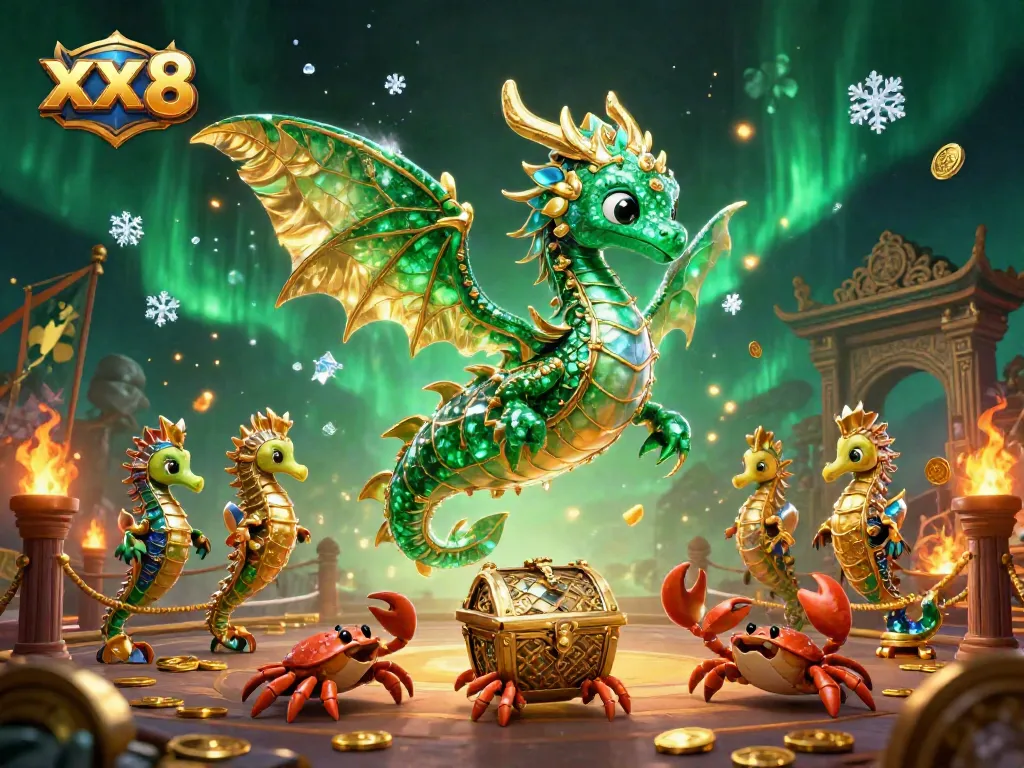 Immerse in XX 8's vibrant online gaming scene with a dragon guarding treasures in a stunning casino setting.