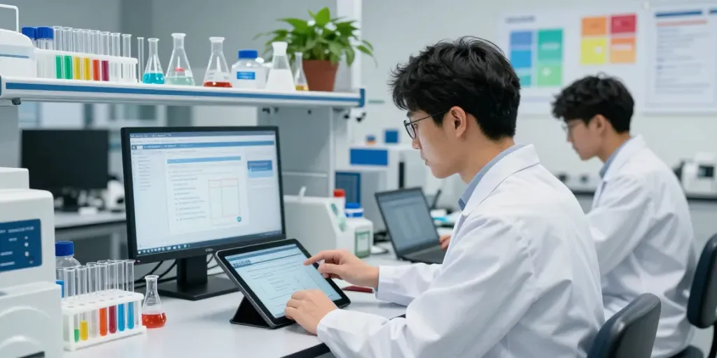Professional engaged in LabWare LIMS course in a modern lab environment, surrounded by lab equipment and digital interfaces.