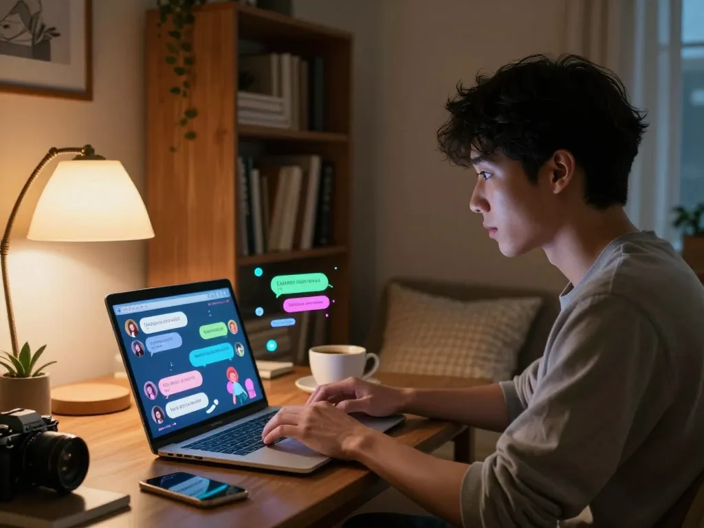 Young adult exploring engaging AI NSFW chat in a cozy room, showcasing digital interactions.