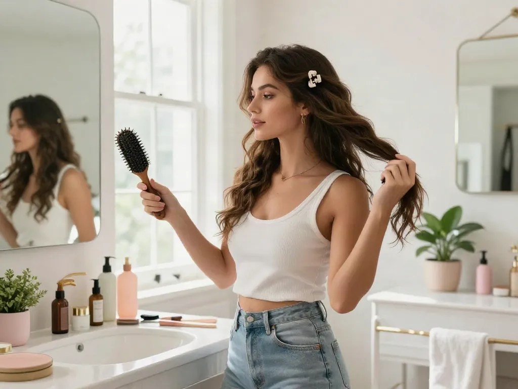 Stylish woman applying human hair clip in extensions in a bright bathroom with beauty products.