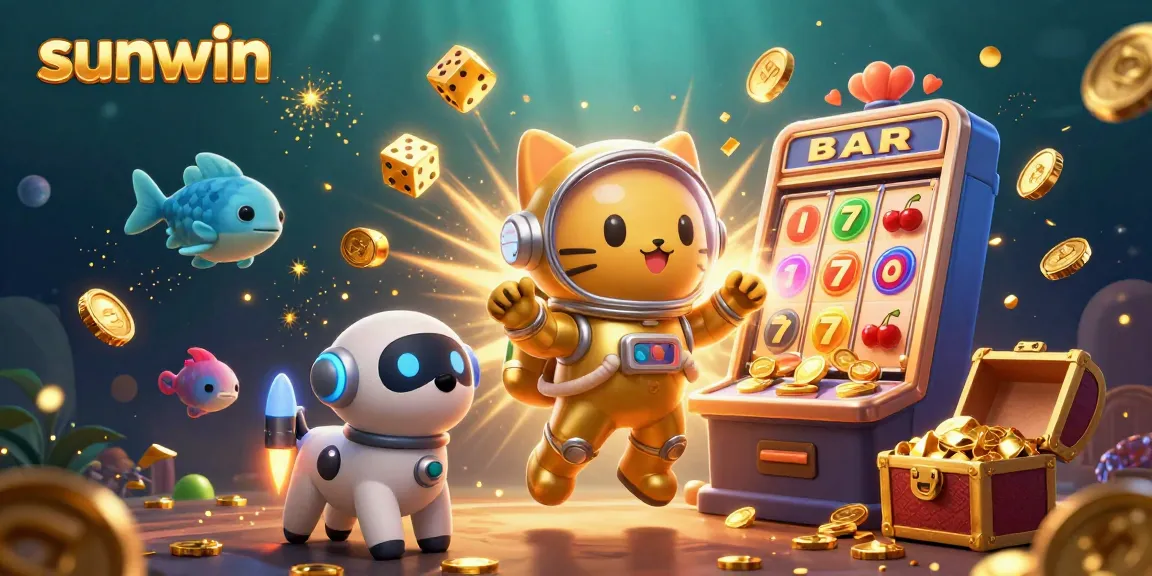 Experience thrilling gameplay at sunwin with a dynamic slot machine and floating characters in a glittering cosmic scene.