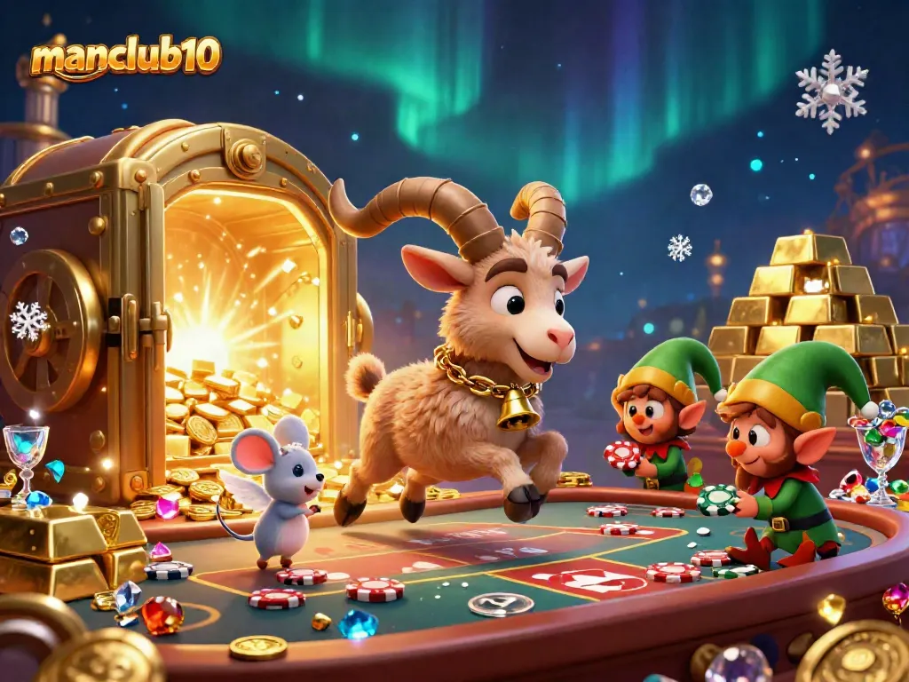 manclub10 immerses players in a festive gaming adventure with Krampus, a mouse, and elf gremlins in a vibrant casino.