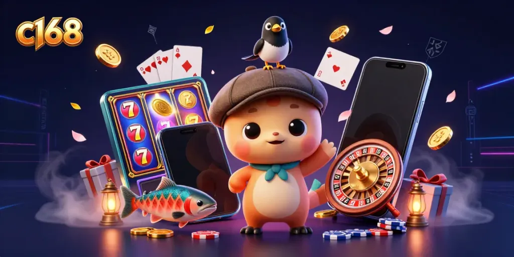 Engage in thrilling slot games with a vibrant c168 scene featuring cartoon Nessie and playful magpie.