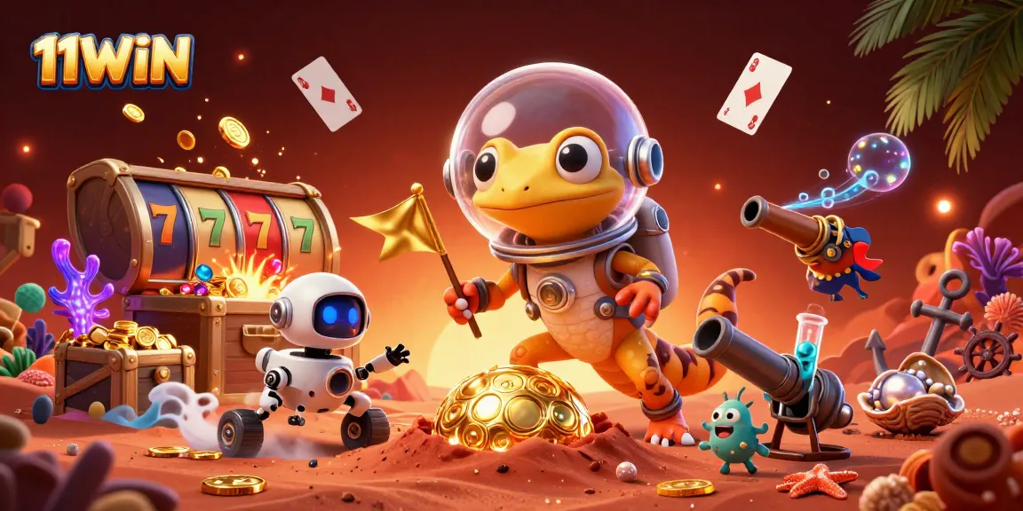 Engage in thrilling slot gameplay with 11WIN at a vibrant Martian casino discovery scene.