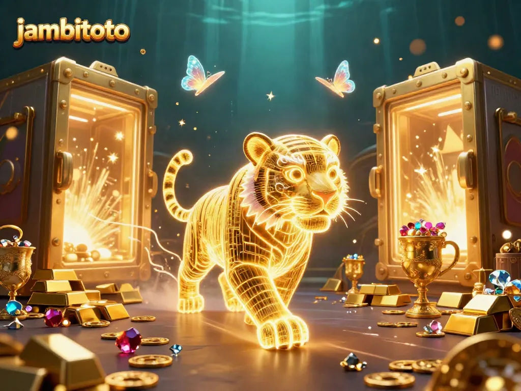 Join the thrilling adventure at jambitoto with a neon golden tiger in a vibrant casino landscape.