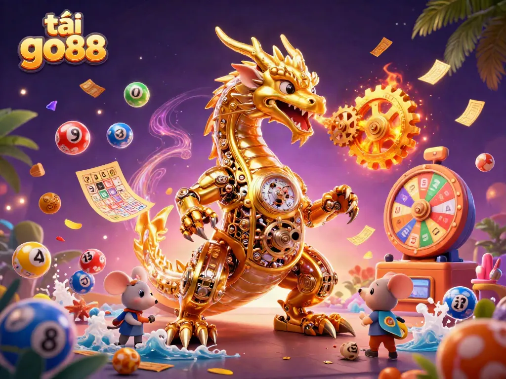 Experience the thrill of tải go88 with vibrant elements like the golden dragon and colorful lottery balls in a captivating scene.